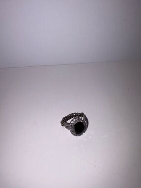 Silver Ring with Black Center Stone and Halo Accent